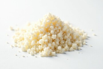 Crystalline sugar granules, bright white background, bright, crystals