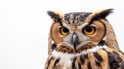 Fototapeta premium Majestic Owl Portrait: An intense close-up captures the piercing gaze of a striking owl, highlighting its sharp features and captivating eyes, in a studio setting, conveying wisdom and serenity.