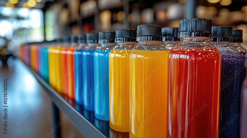 Poster vibrant display of colorful liquid-filled bottles arranged on a shelf in a modern store setting