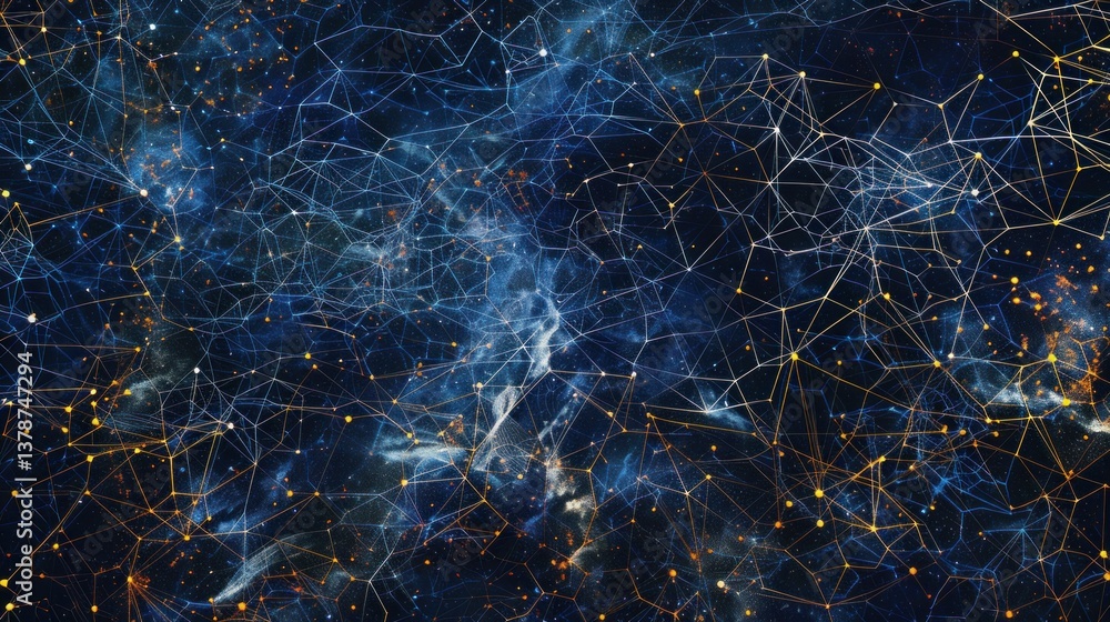 Poster geometric network pattern featuring bright connecting lines on a dark background.