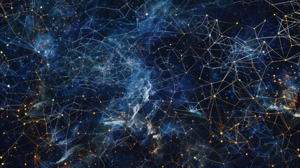 Geometric network pattern featuring bright connecting lines on a dark background.