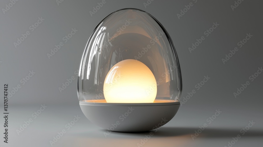 Poster a modern lamp resembling an egg, featuring a soft glowing light that creates a warm and inviting atm