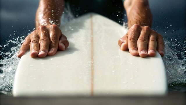 Water sports surfing technique concept. Surfer's hands grip a surfboard as water splashes around, showcasing action and excitement.