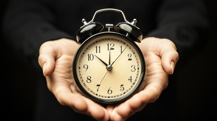 A person holding a vintage alarm clock, symbolizing the importance of time management and punctuality in professional life.