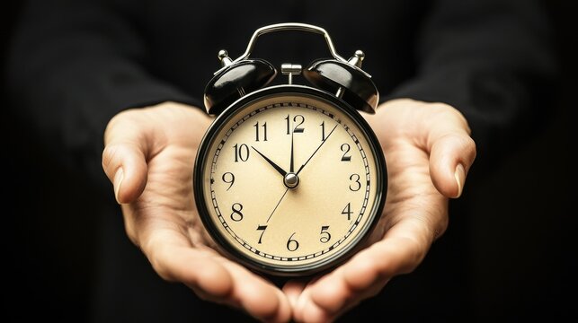 A person holding a vintage alarm clock, symbolizing the importance of time management and punctuality in professional life.