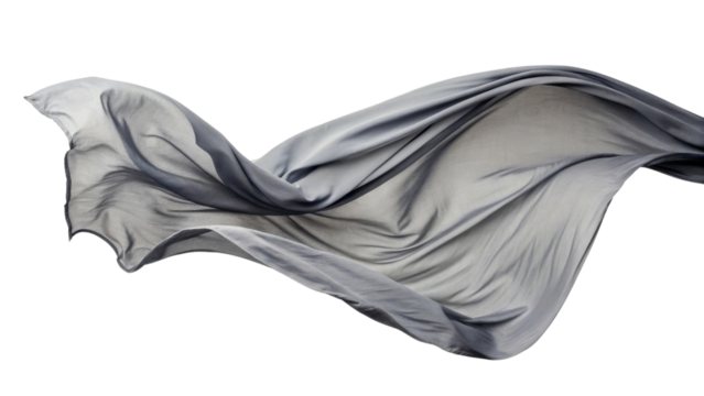 flowing gray fabric creates sense of elegance and movement, showcasing its soft texture and delicate drape