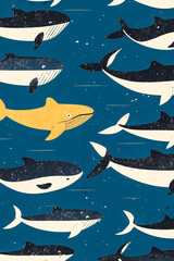 Obraz premium A vintage pattern of hundreds of adorable small whales, retro decoration texture.