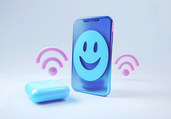 Smartfon z uśmiechniętą emotikoną i ikonami Wi-Fi w stylu 3D.