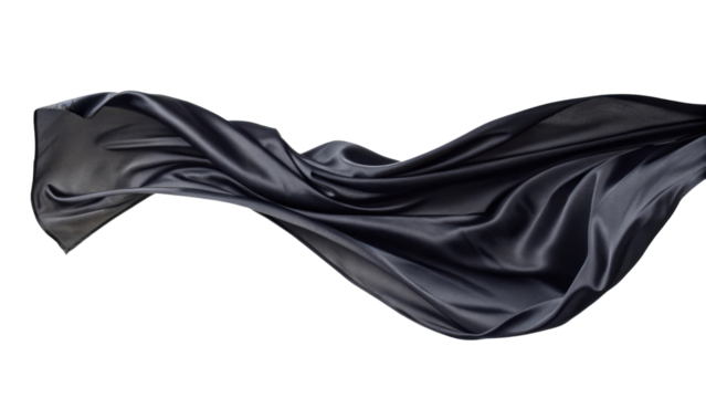 flowing black silk fabric creates elegant and luxurious appearance, showcasing its smooth texture and graceful movement