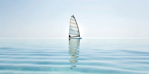 Water sports windsurfing recreation concept. Sailboat gliding across calm waters under a clear sky, creating a serene atmosphere.