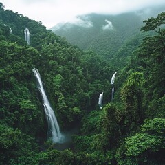Majestic jungle waterfalls cascading through lush green forest