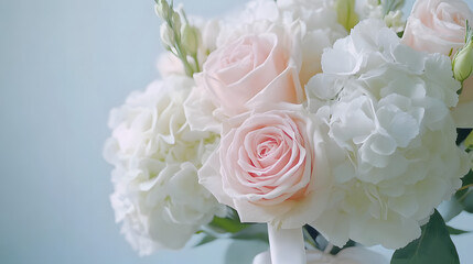 Obraz premium A fresh and elegant bridal bouquet made of soft pink roses, pale hydrangeas, and white peonies, tied with a satin ribbon, perfect for a timeless wedding look.