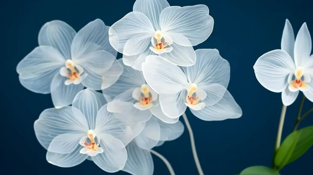 Delicate white orchids on a blue background displaying elegant floral patterns