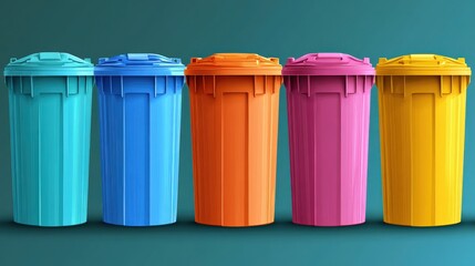 Colorful trash bins arranged in a row against a teal background, showcasing vibrant waste management solutions