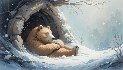 Grizzly Bear Winter Sleep, Peaceful grizzly bear hibernating in snowy cave.
