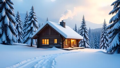 Generative AI A cozy wooden cabin nestled among snow-laden pine trees under a soft, winter sky