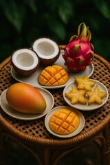 AI-generated digital illustration of exotic tropical fruits on a rattan table, including mango, coconut, dragon fruit, and starfruit. Perfect for food, health, and summer designs.