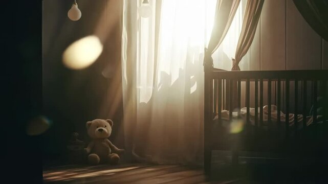 Sunlit Nursery with Teddy Bear and Empty Crib in Peaceful Morning Light