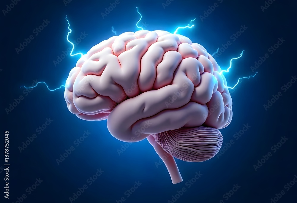 Poster generative ai: digital rendering of a human brain with electrical impulses, representing neuroscienc