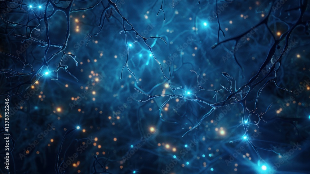 Poster glowing network nodes on a dark blue background representing data flow.