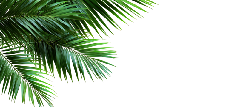 Natural palm leaves on transparent background. Tropical green palm leaves. With space for text, high resolution PNG file