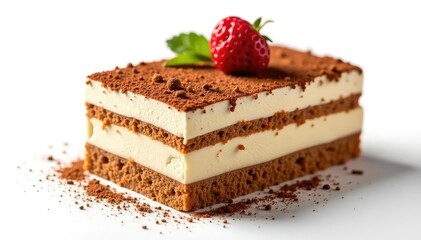Rich, decadent tiramisu with visible cocoa dusting Isolated on pure white , ladyfingers, cocoa