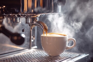 Espresso machine brewing a fresh shot, steam rising, photorealistic and isolated."
