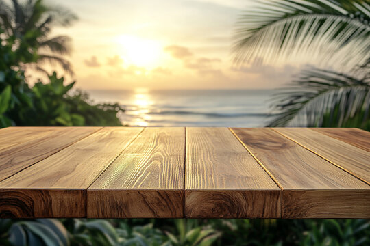 Tabletop with Tropical Seascape and Palm Leaves at Sunset