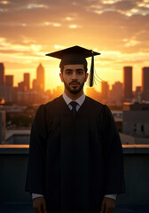 Graduation sunset: celebrating achievement with city skyline background