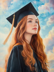Dreamy graduation portrait with cap and gown against a colorful sky