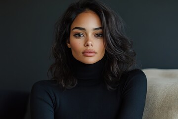 Young latin woman posing wearing black turtleneck