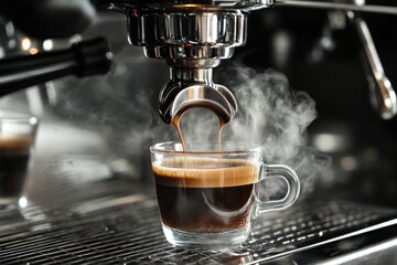 Espresso machine brewing a fresh shot, steam rising, photorealistic and isolated."