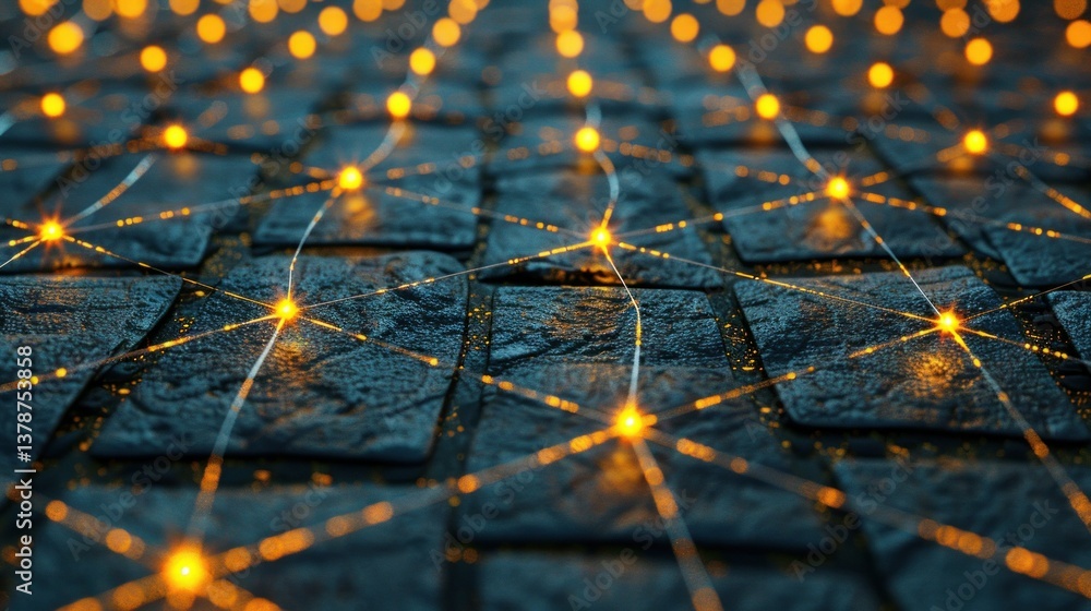 Poster geometric network background with intersecting lines and glowing dots.