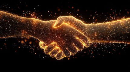 Digital handshake with blue glowing connections on a dark background, symbolizing technology and business connection or trust in online business transactions. Ideal for web banner design.