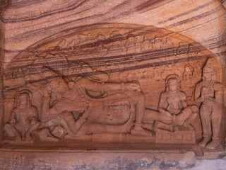 Amazing rock carving and sculptures at Badami ancient hindu temple complex, tourist destination in Karnataka, India
