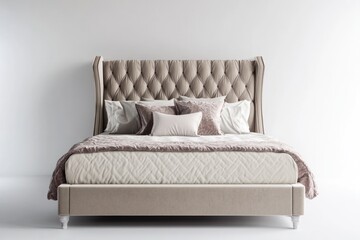 Elegant king-size bed with tufted headboard, neutral color, luxurious design, isolated."