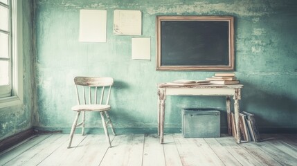 Rustic room, desk, chair, chalkboard, books, window