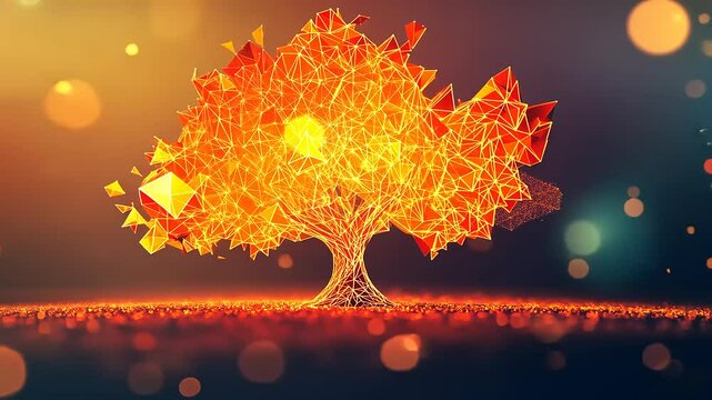 A vibrant geometric tree made of glowing polygons against a colorful abstract background