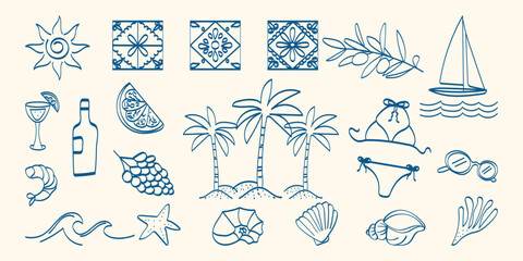 Set of hand drawn summer elements. Minimalist line art. Summer vacation and travel concept. Palm tree, yacht, sun and sea, shells, fruits. Ink drawing. Vector flat illustration.