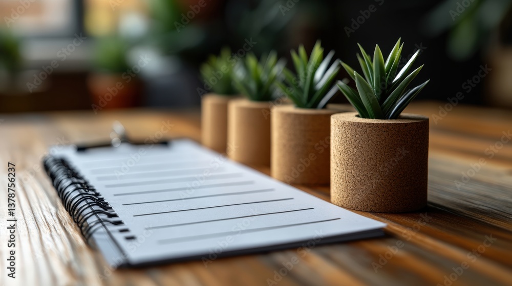 Poster a close-up view of a notepad on a wooden table with small potted plants in the background