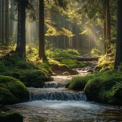 Obraz premium Serene forest stream with sunlit trees and vibrant foliage