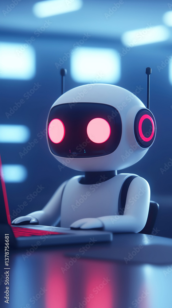 Poster futuristic robot with glowing red eyes sits at laptop in modern workspace, showcasing advanced techn