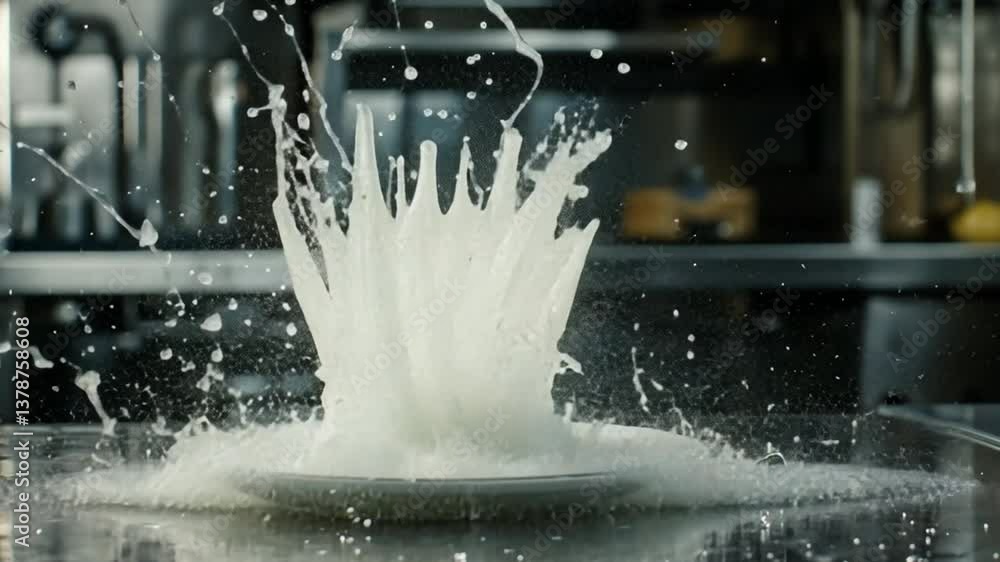 Poster milk splash creates dynamic patterns on plate in kitchen setting generative ai