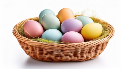 pastel colored easter eggs in a straw basket isolated on a transparent background