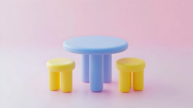 Pastel Blue Round Table with Two Yellow Stools on Pink Background Simple Modern Furniture Design for Interior Decor and Minimalist Aesthetic