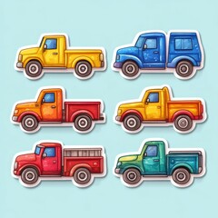 Colorful collection of cartoon trucks displayed on a light background in a fun art style