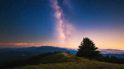 Cosmic Crest:  A mesmerizing view of the night sky unveils the radiant Milky Way arching over a picturesque landscape, with rolling hills and a solitary tree.
