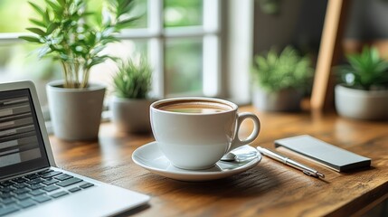 Cozy workspace with a coffee cup on a wooden table, laptop, and greenery in the background