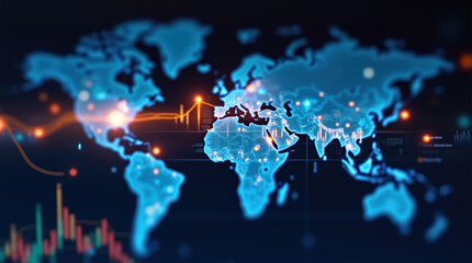 Fototapeta premium Global finance and investment growth with candlestick bars, market charts and economic trends on dark world map background