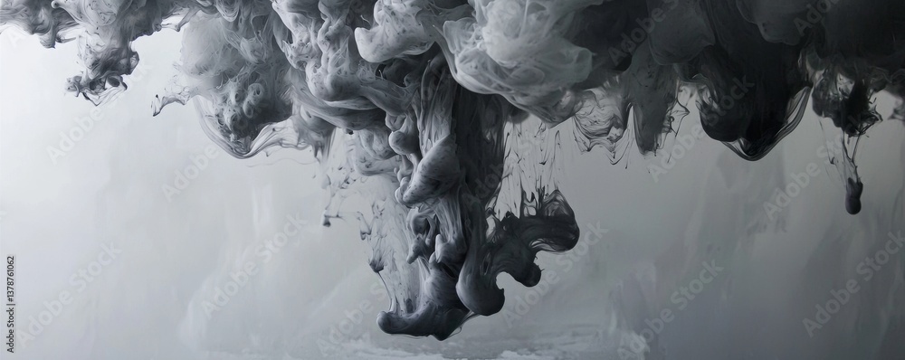 Poster an abstract representation of fluid dynamics, showcasing swirling ink patterns in shades of black an